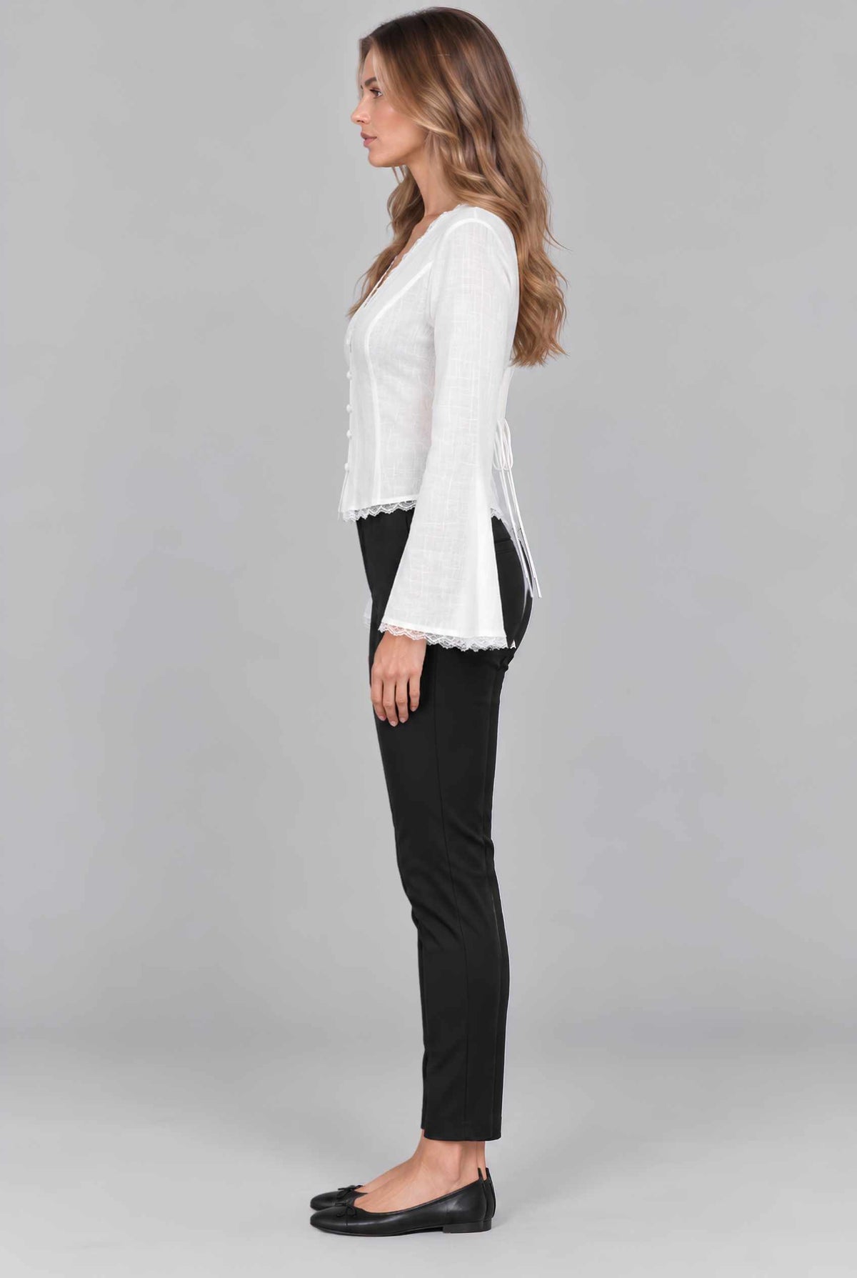 Virtual model wearing The Carissa Lace-Trim Blouse White Flared-Sleeve Structured Blouse 