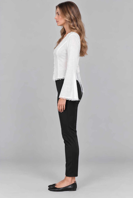 Virtual model wearing The Carissa Lace-Trim Blouse White Flared-Sleeve Structured Blouse 