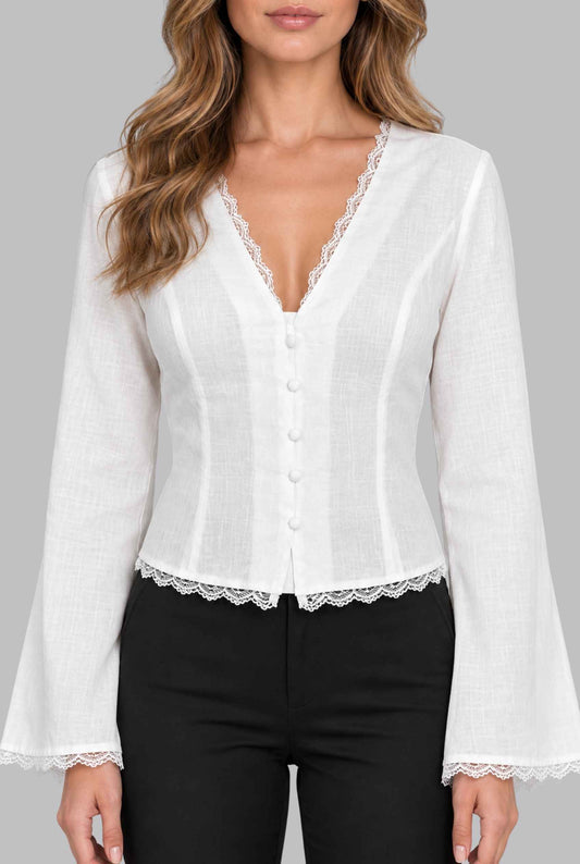 Virtual model wearing The Carissa Lace-Trim Blouse White Flared-Sleeve Structured Blouse 