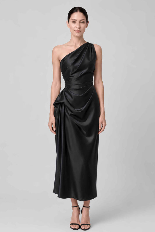 Virtual model wearing The Cassiopeia Satin Dress Asymmetric One-Shoulder Ruched Satin Gown in Black
