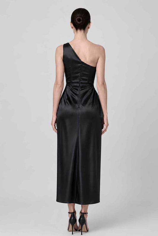 Virtual model wearing The Cassiopeia Satin Dress Asymmetric One-Shoulder Ruched Satin Gown in Black