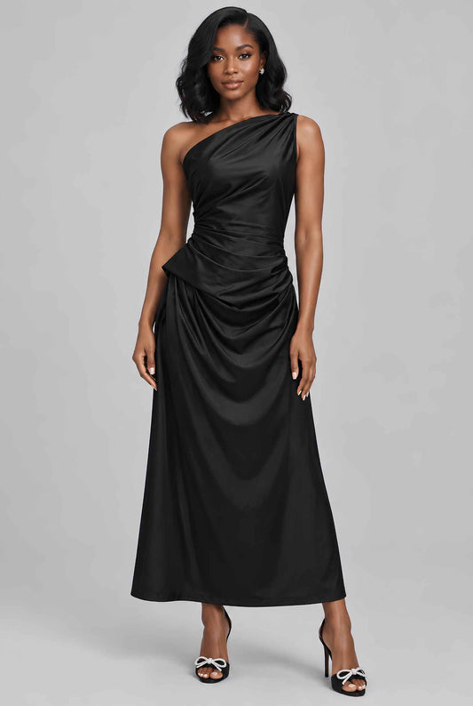Virtual model wearing The Cassiopeia Satin Dress Asymmetric One-Shoulder Ruched Satin Gown in Black