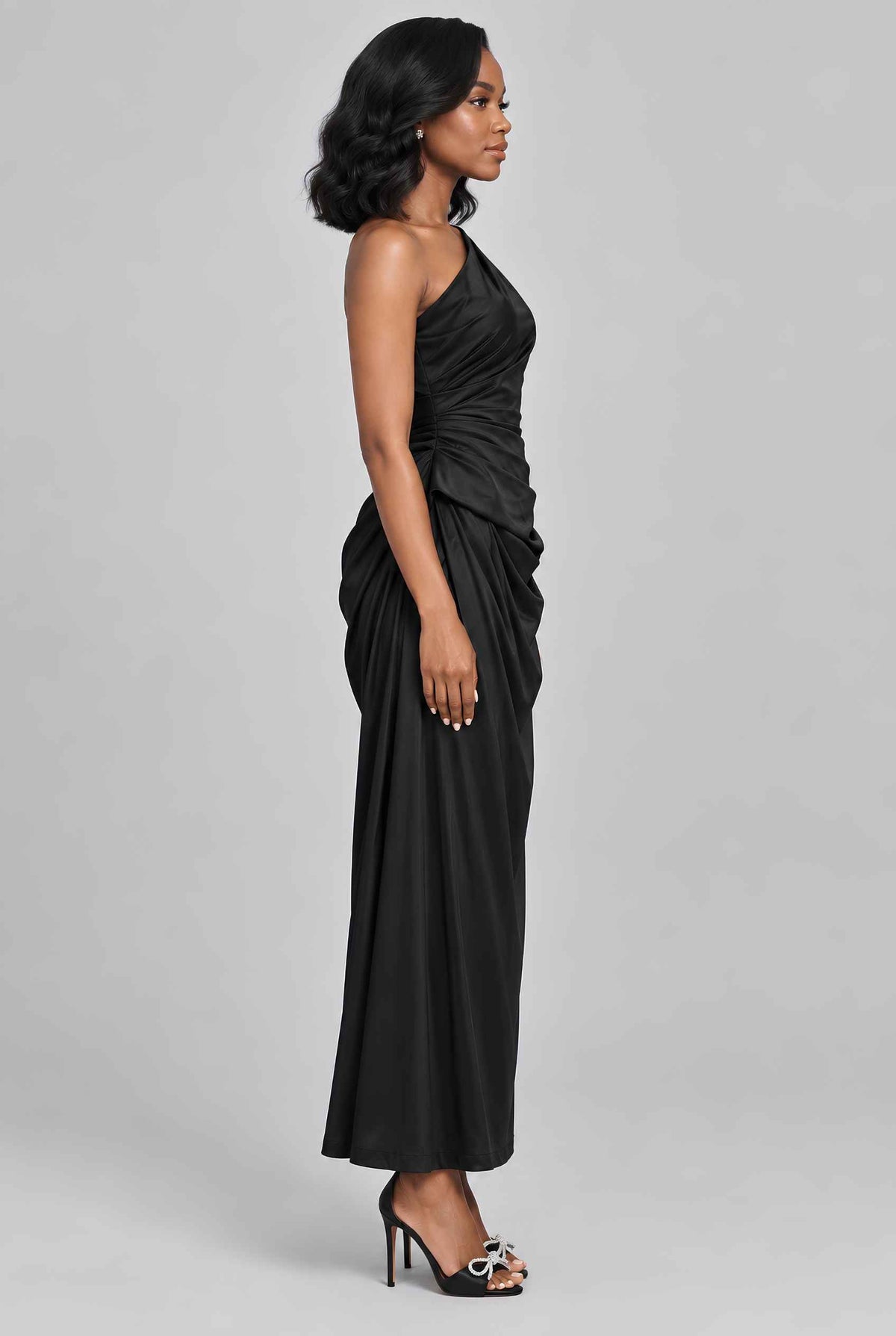 Virtual model wearing The Cassiopeia Satin Dress Asymmetric One-Shoulder Ruched Satin Gown in Black