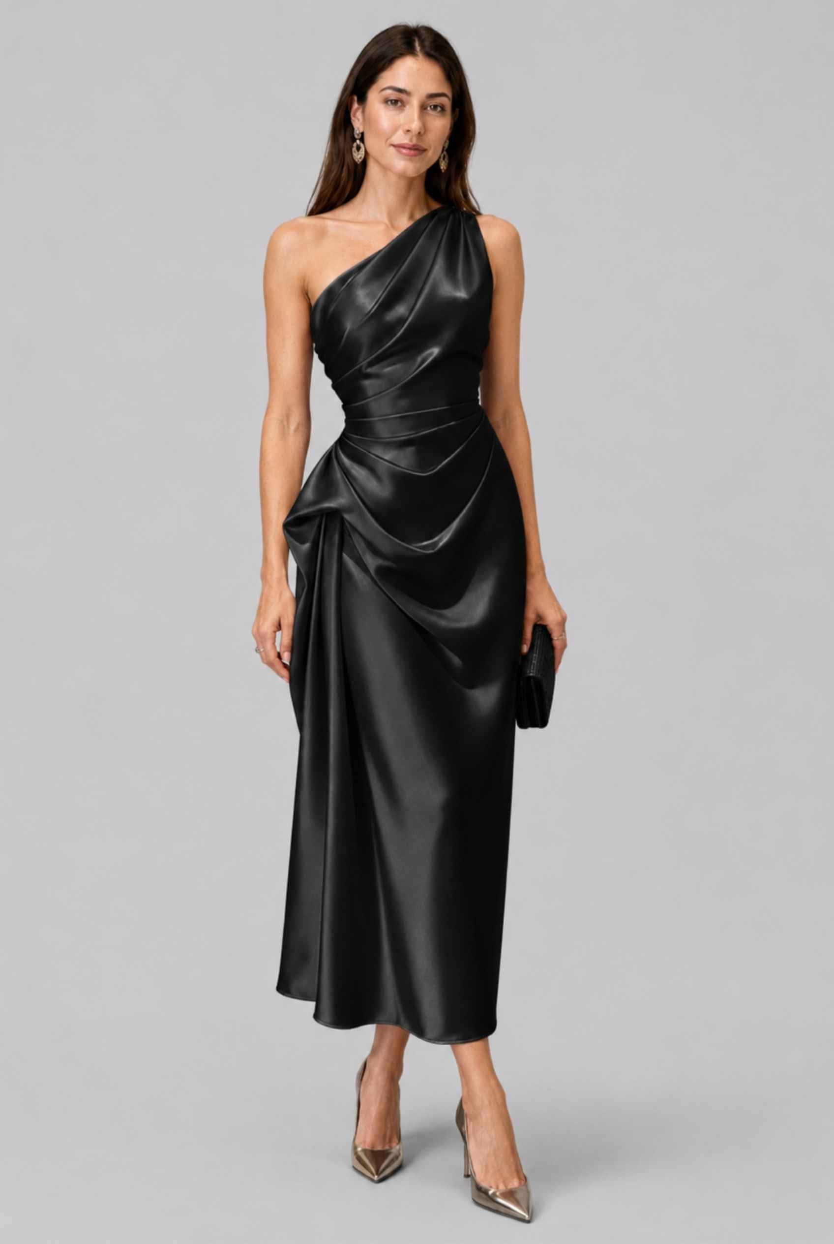 Virtual Model wearing The Cassiopeia Satin Dress Asymmetric One-Shoulder Ruched Black Satin Gown