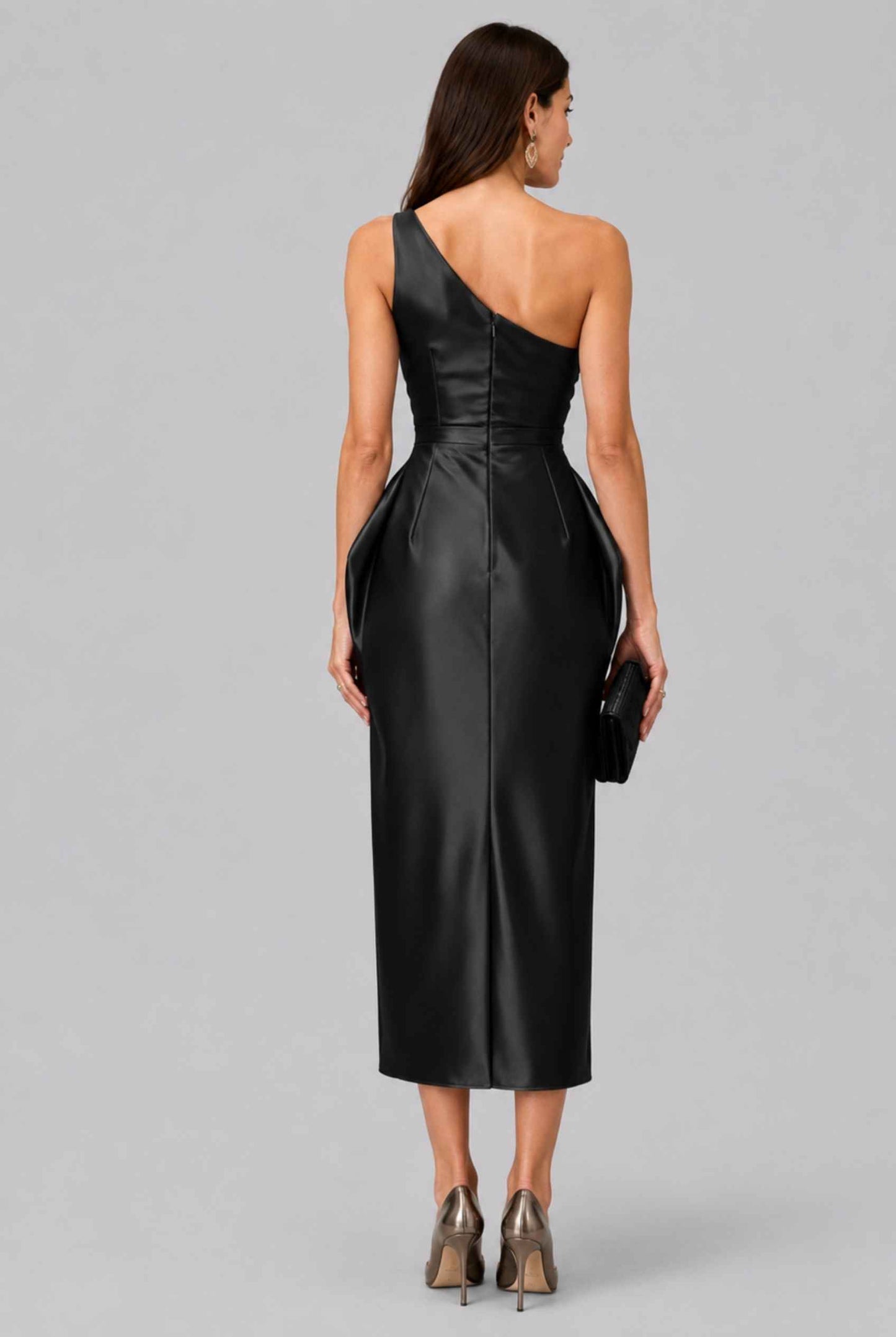 Virtual Model wearing The Cassiopeia Satin Dress Asymmetric One-Shoulder Ruched Black Satin Gown