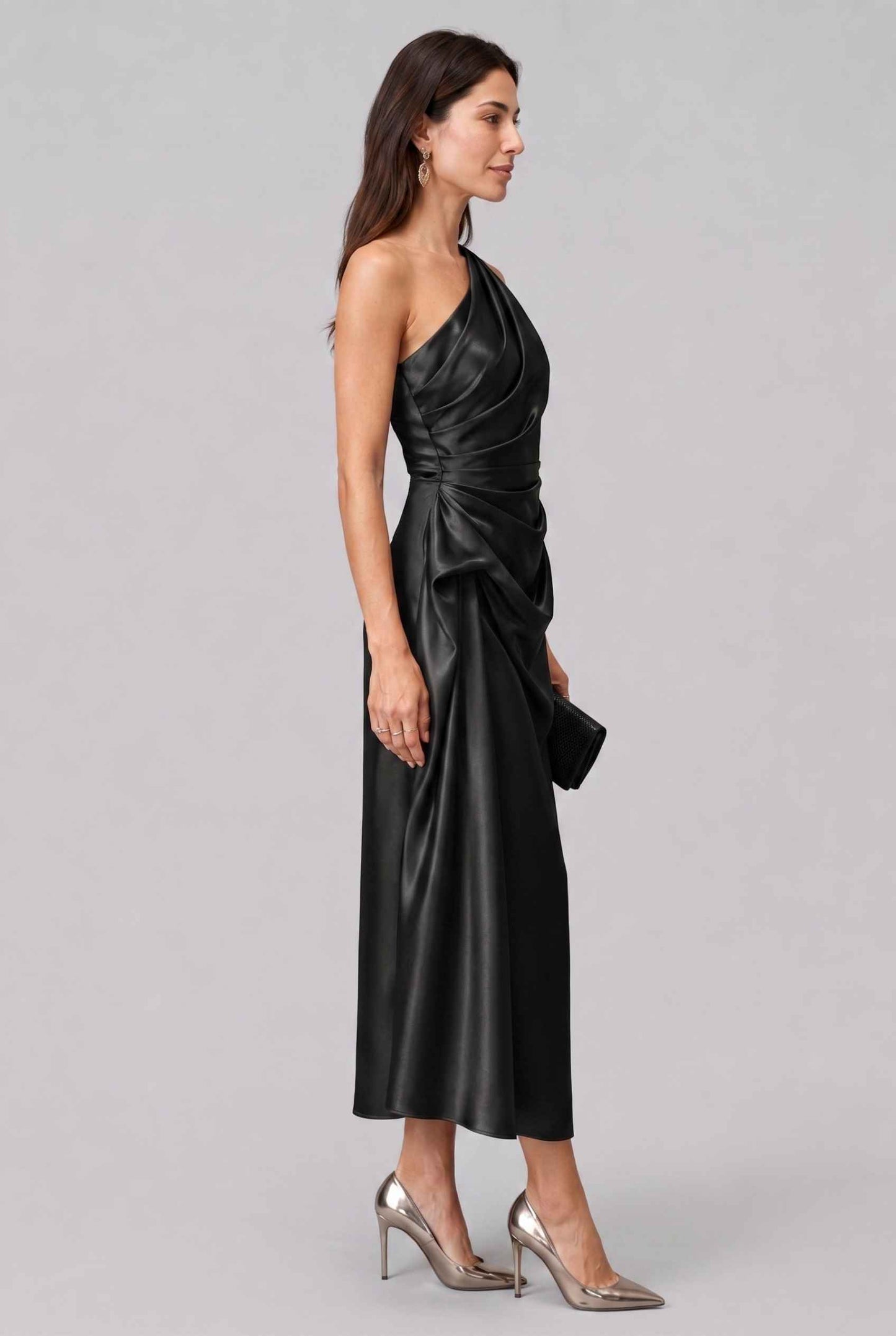 Virtual Model wearing The Cassiopeia Satin Dress Asymmetric One-Shoulder Ruched Black Satin Gown