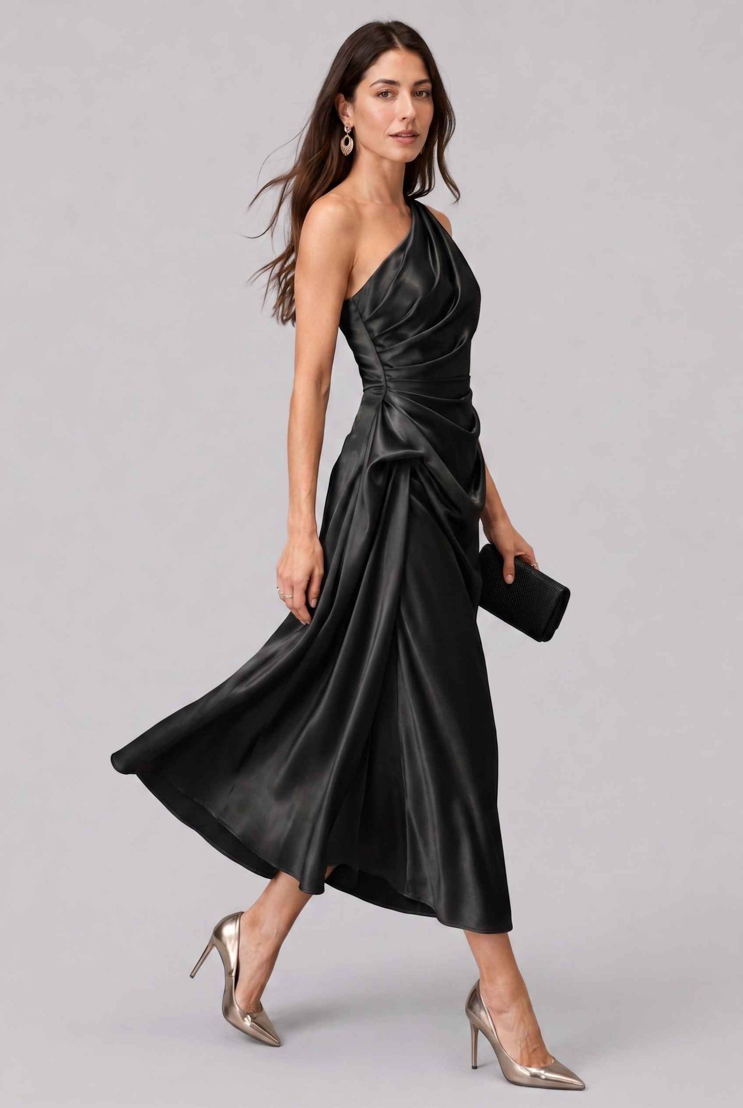 Virtual Model wearing The Cassiopeia Satin Dress Asymmetric One-Shoulder Ruched Black Satin Gown