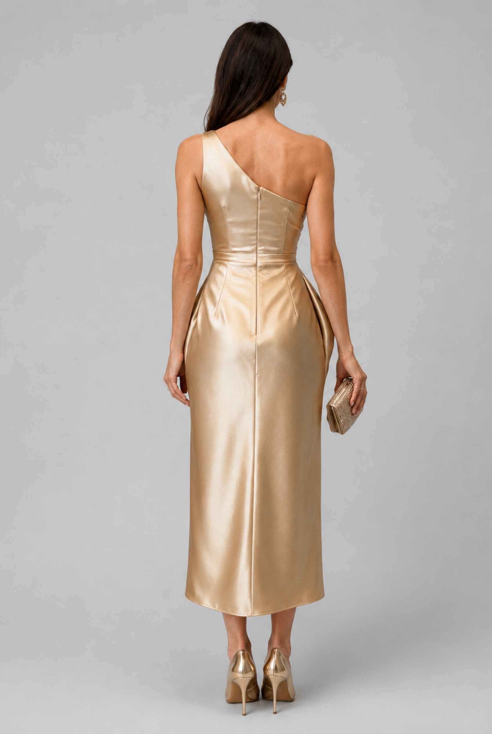 Virtual Model wearing The Cassiopeia Satin Dress Asymmetric One-Shoulder Ruched Gold Satin Gown