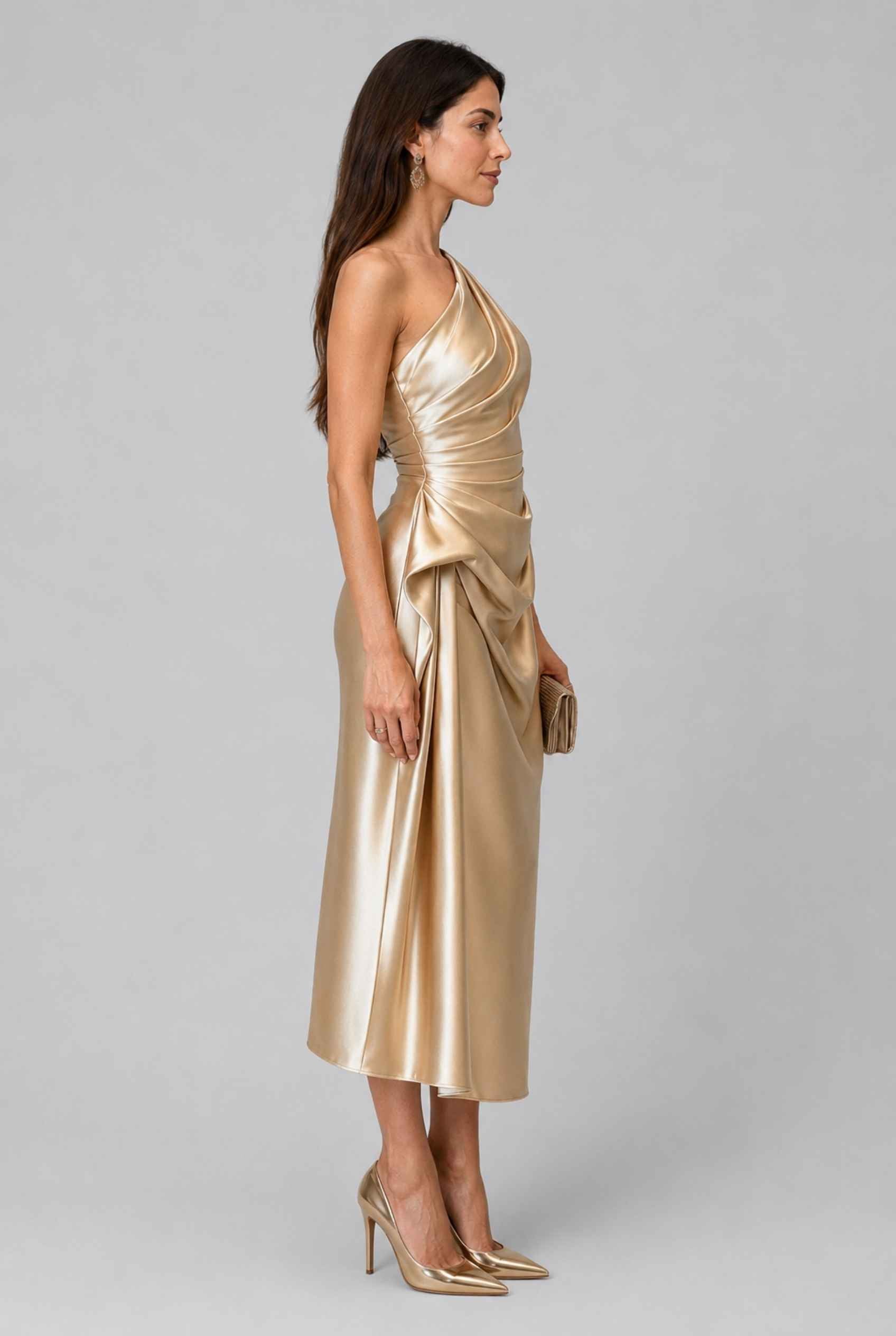 Virtual Model wearing The Cassiopeia Satin Dress Asymmetric One-Shoulder Ruched Gold Satin Gown