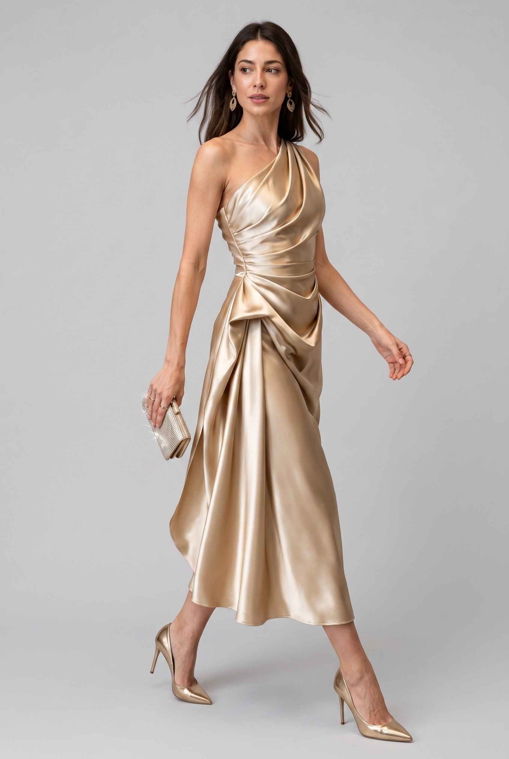 Virtual Model wearing The Cassiopeia Satin Dress Asymmetric One-Shoulder Ruched Gold Satin Gown