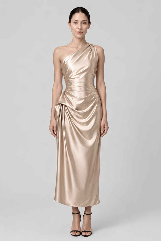 Virtual model wearing The Cassiopeia Satin Dress Asymmetric One-Shoulder Ruched Satin Gown in Gold