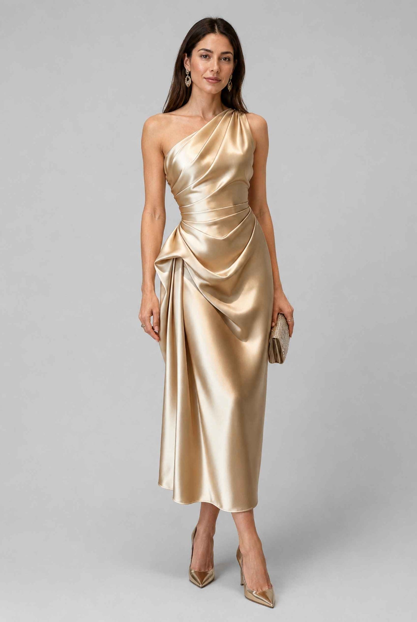 Virtual Model wearing The Cassiopeia Satin Dress Asymmetric One-Shoulder Ruched Gold Satin Gown
