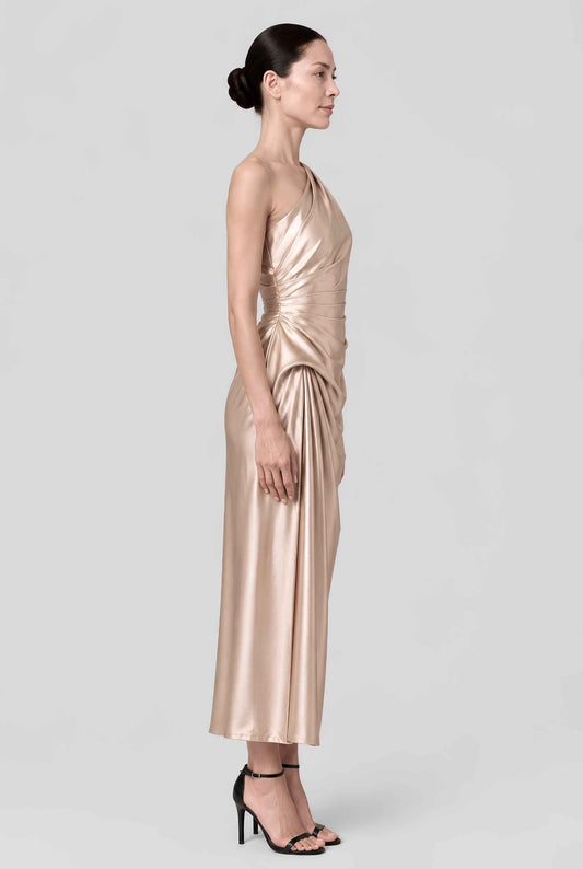 Virtual model wearing The Cassiopeia Satin Dress Asymmetric One-Shoulder Ruched Satin Gown in Gold