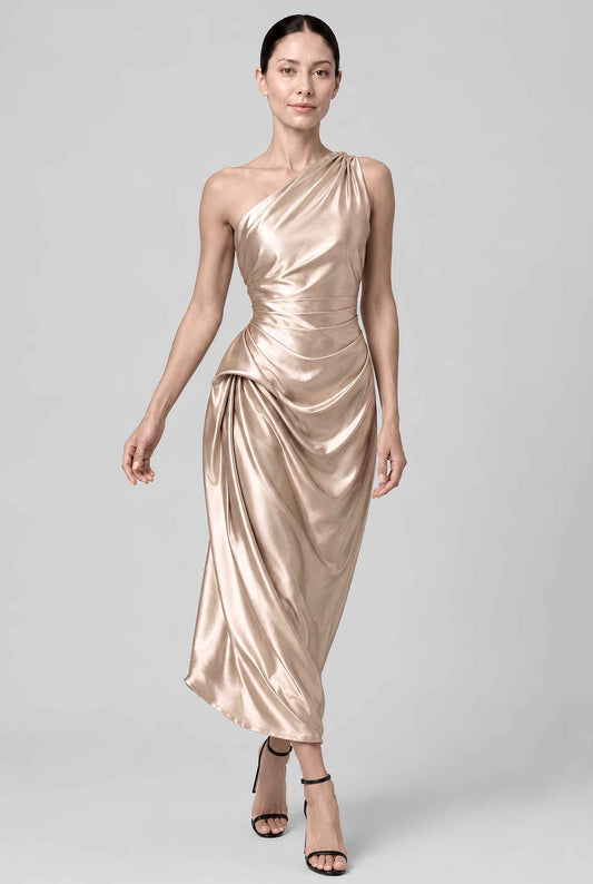 Virtual model wearing The Cassiopeia Satin Dress Asymmetric One-Shoulder Ruched Satin Gown in Gold
