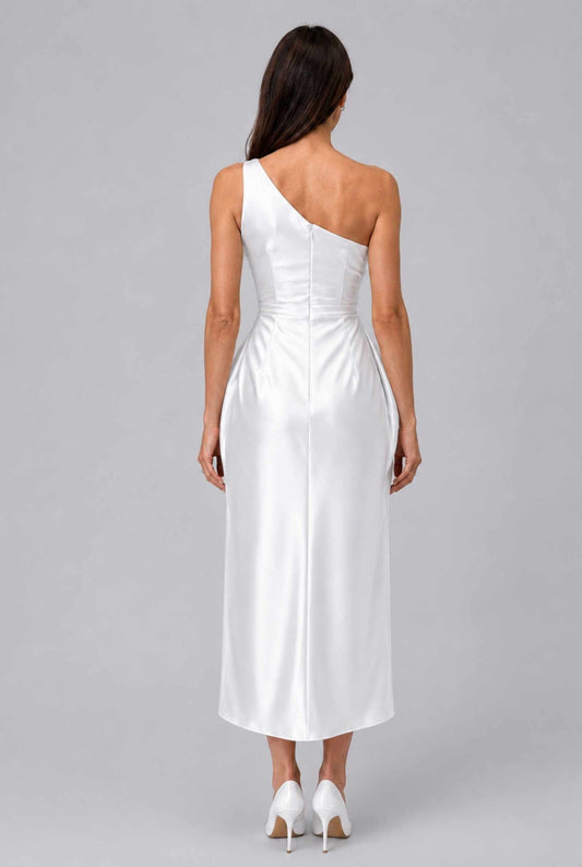 Virtual Model wearing The Cassiopeia Satin Dress Asymmetric One-Shoulder Ruched Ivory Satin Gown