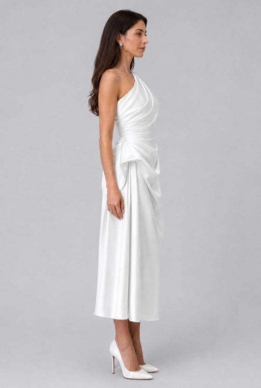 Virtual Model wearing The Cassiopeia Satin Dress Asymmetric One-Shoulder Ruched Ivory Satin Gown