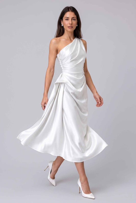 Virtual Model wearing The Cassiopeia Satin Dress Asymmetric One-Shoulder Ruched Ivory Satin Gown
