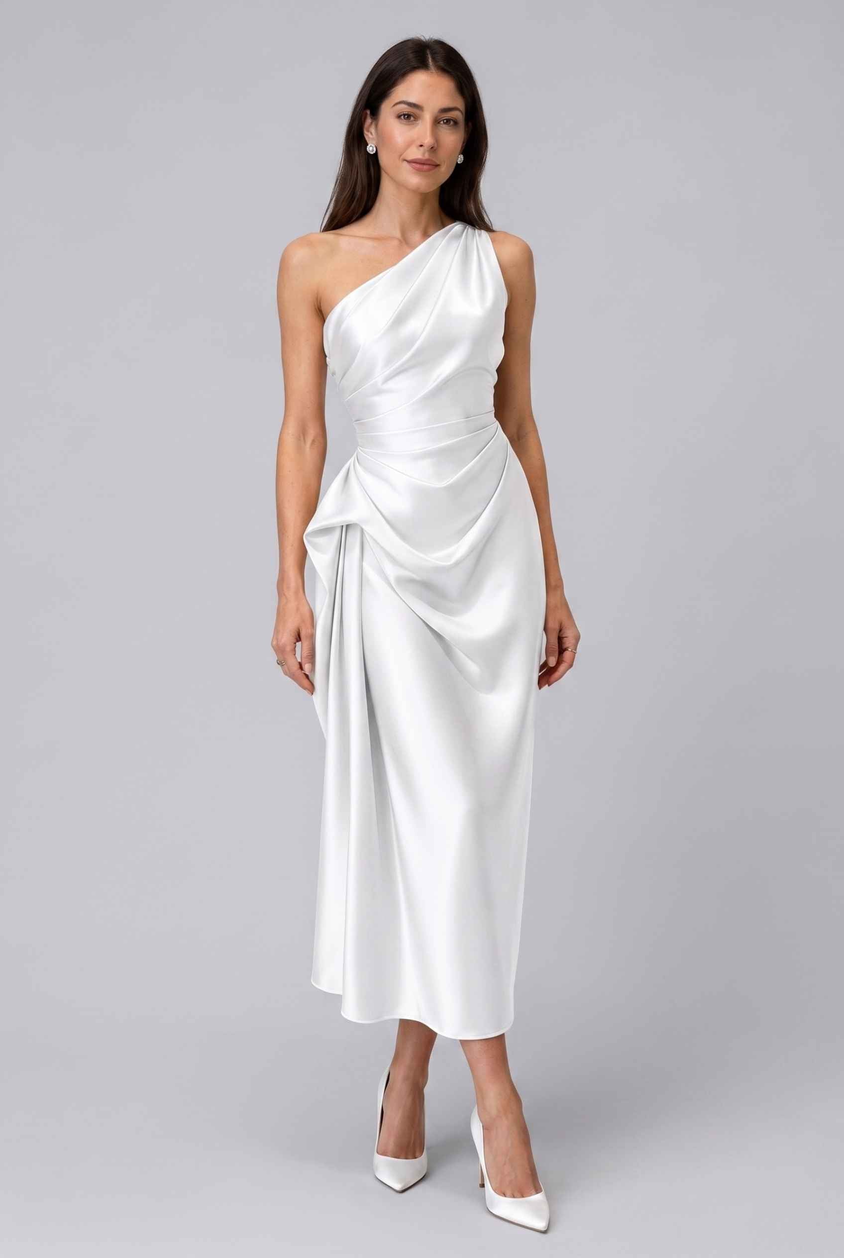 Virtual Model wearing The Cassiopeia Satin Dress Asymmetric One-Shoulder Ruched Ivory Satin Gown
