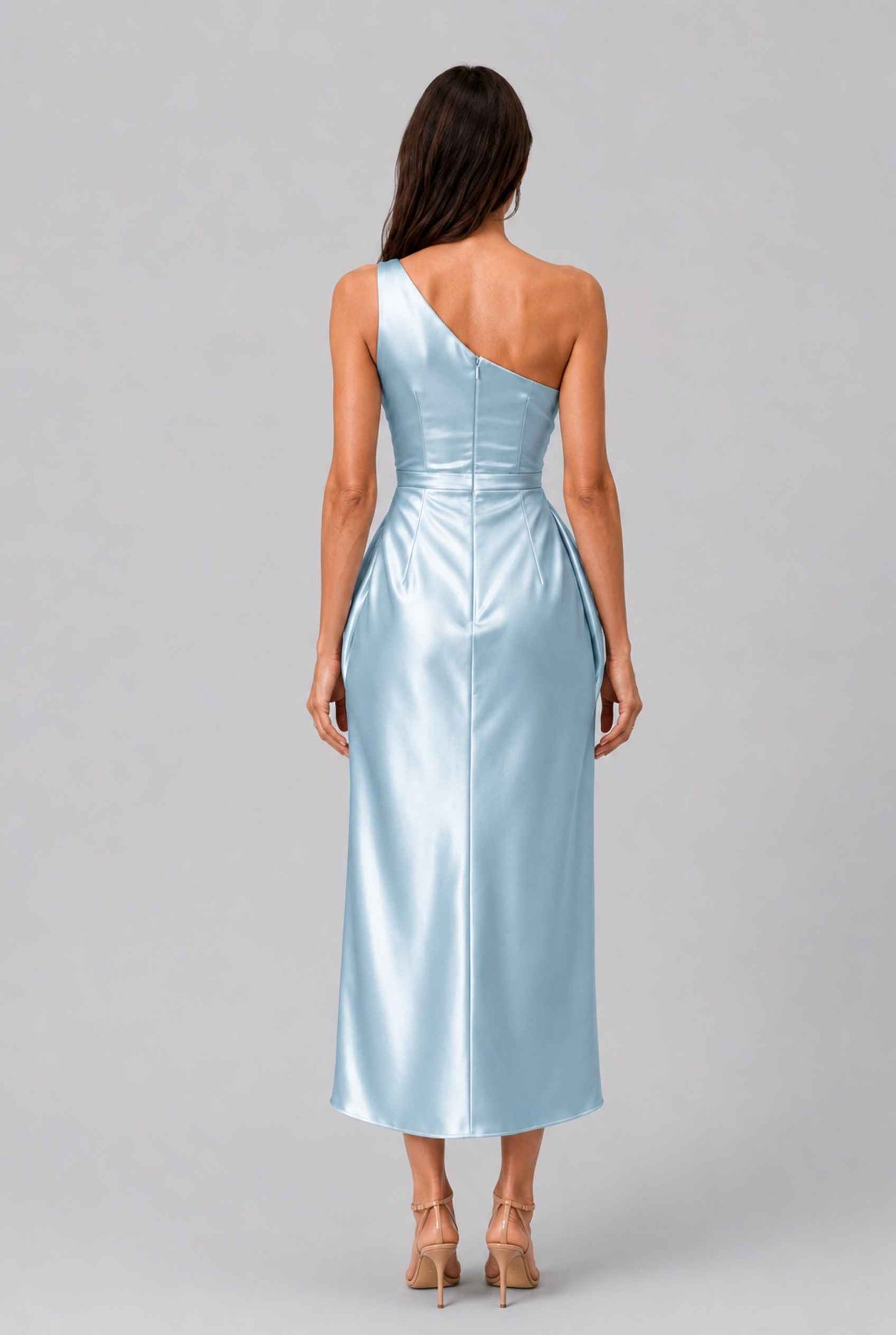 Virtual Model wearing The Cassiopeia Satin Dress Asymmetric One-Shoulder Ruched Light Blue Satin Gown