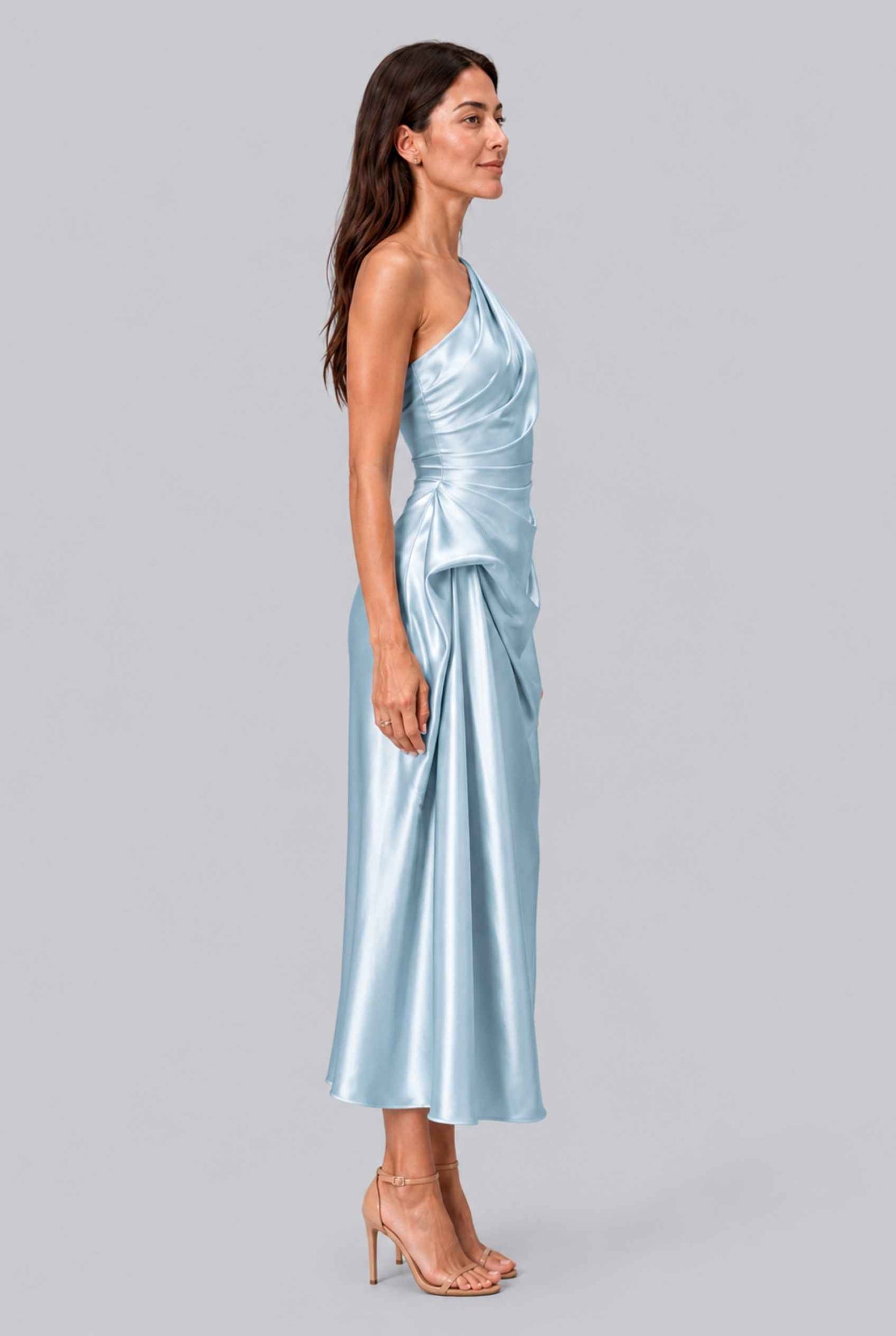 Virtual Model wearing The Cassiopeia Satin Dress Asymmetric One-Shoulder Ruched Light Blue Satin Gown