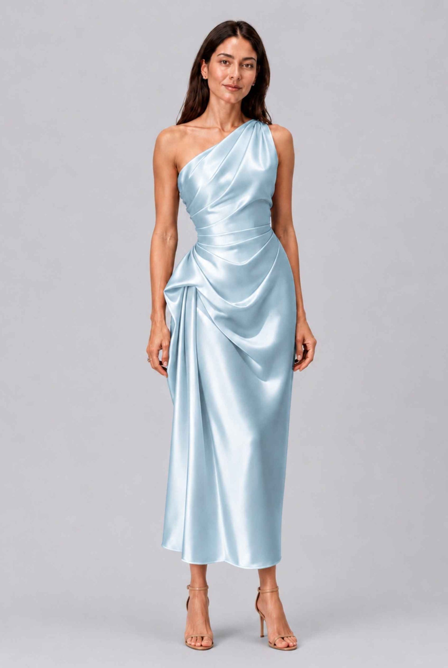 Virtual Model wearing The Cassiopeia Satin Dress Asymmetric One-Shoulder Ruched Light Blue Satin Gown