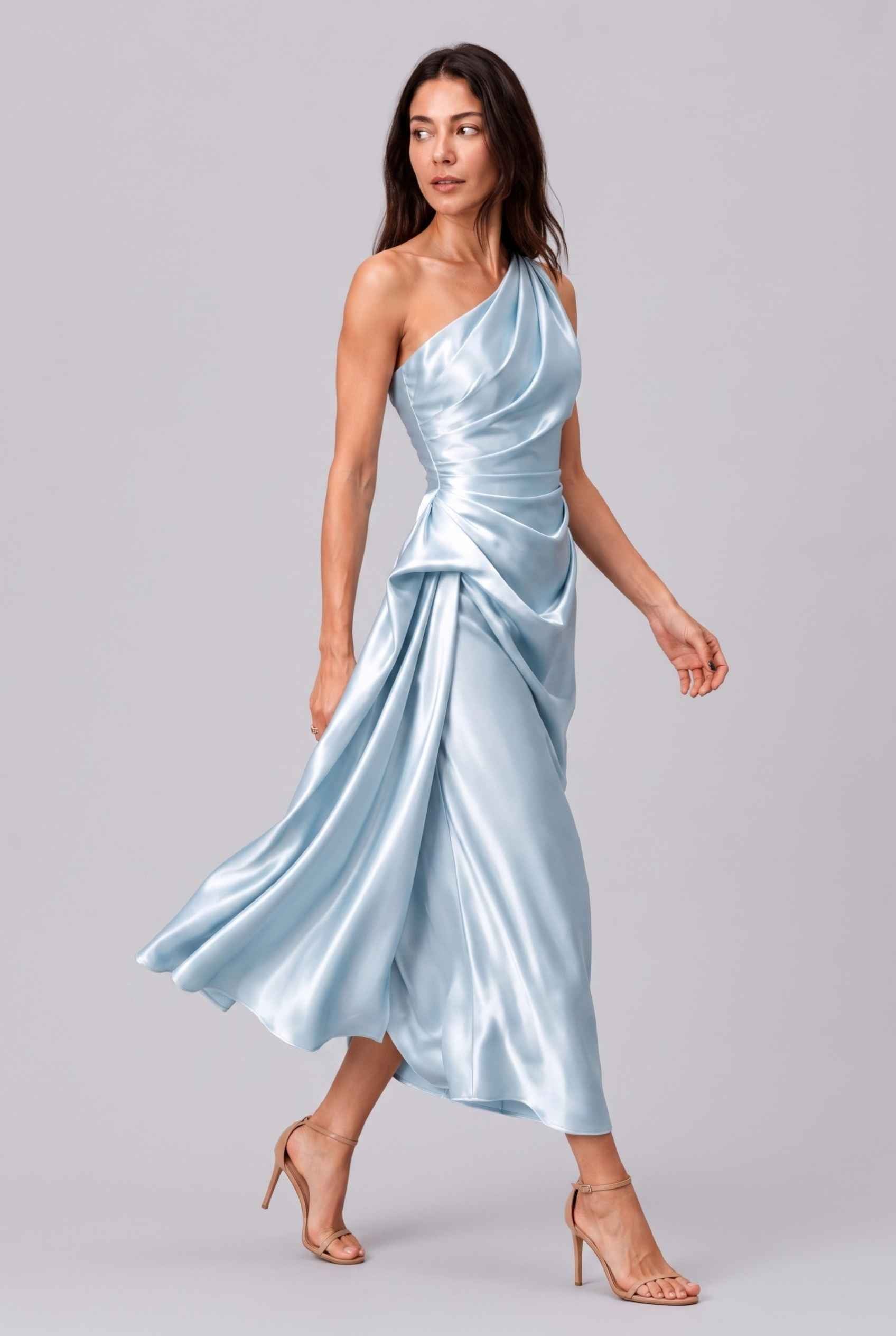 Virtual Model wearing The Cassiopeia Satin Dress Asymmetric One-Shoulder Ruched Light Blue Satin Gown