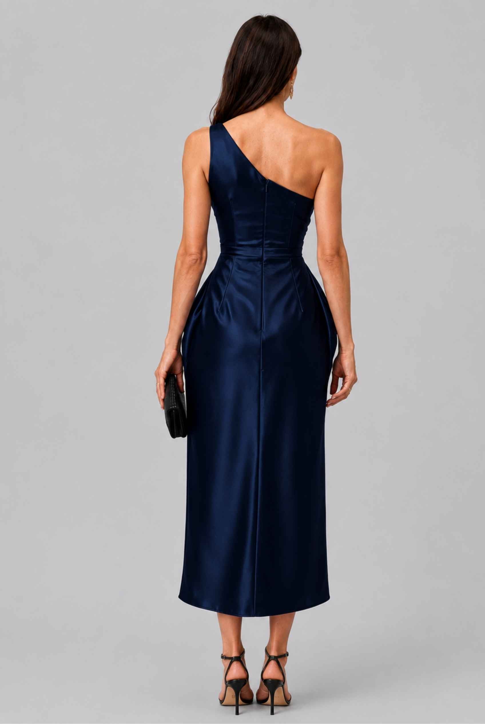 Virtual Model wearing The Cassiopeia Satin Dress Asymmetric One-Shoulder Ruched Navy Satin Gown