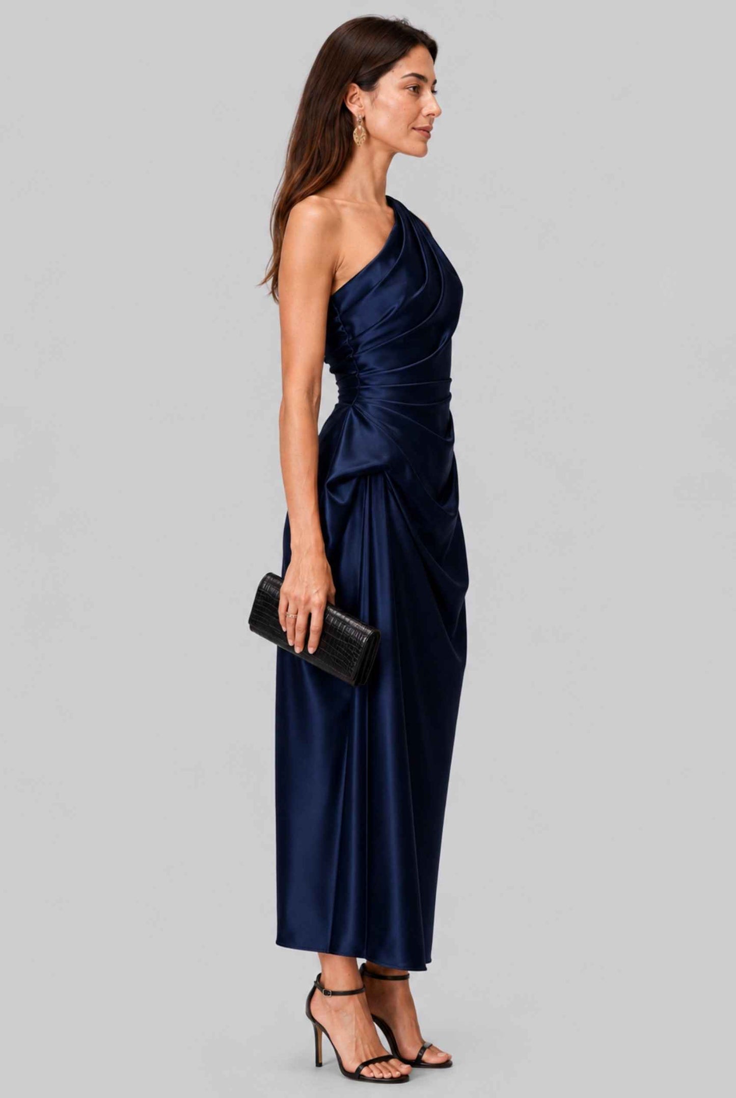 Virtual Model wearing The Cassiopeia Satin Dress Asymmetric One-Shoulder Ruched Navy Satin Gown