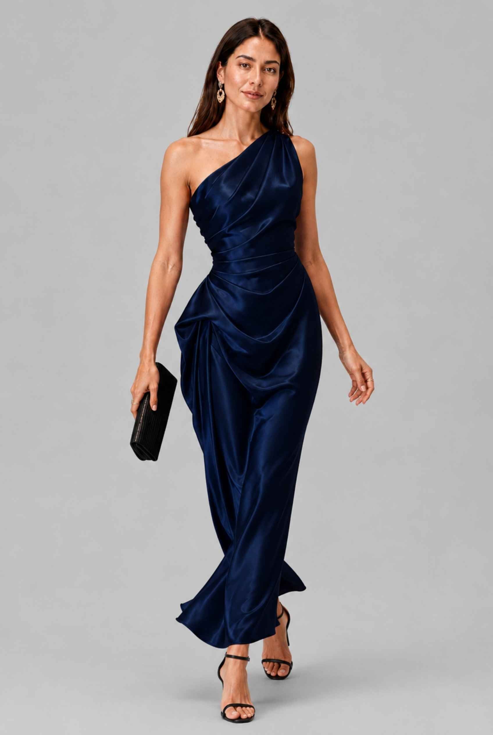 Virtual Model wearing The Cassiopeia Satin Dress Asymmetric One-Shoulder Ruched Navy Satin Gown