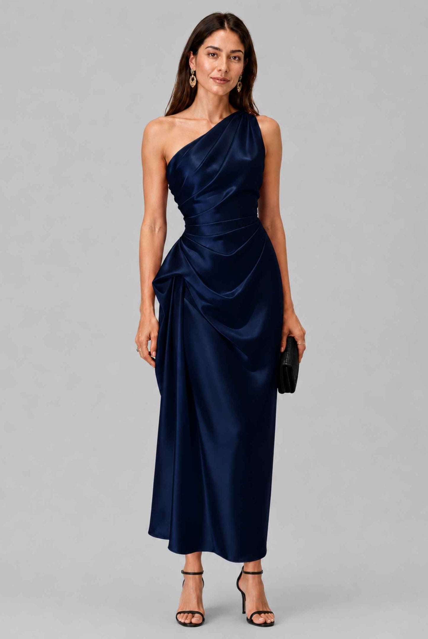 Virtual Model wearing The Cassiopeia Satin Dress Asymmetric One-Shoulder Ruched Navy Satin Gown