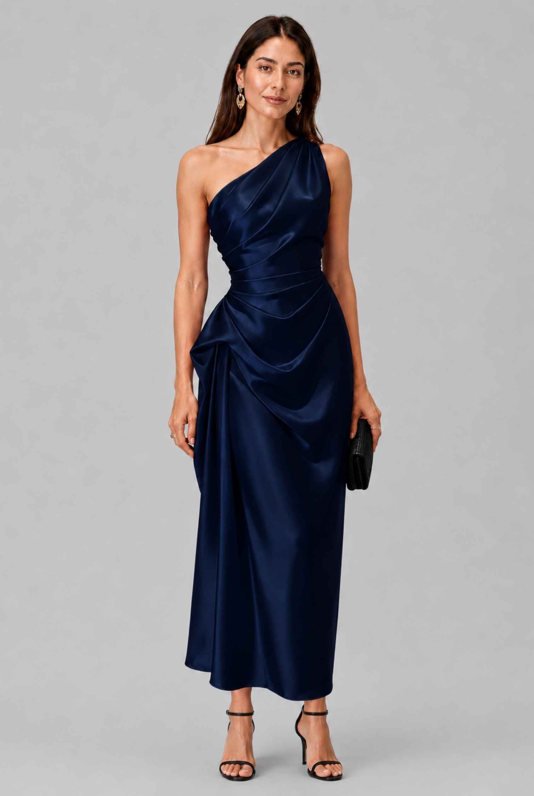 Virtual Model wearing The Cassiopeia Satin Dress Asymmetric One-Shoulder Ruched Navy Satin Gown