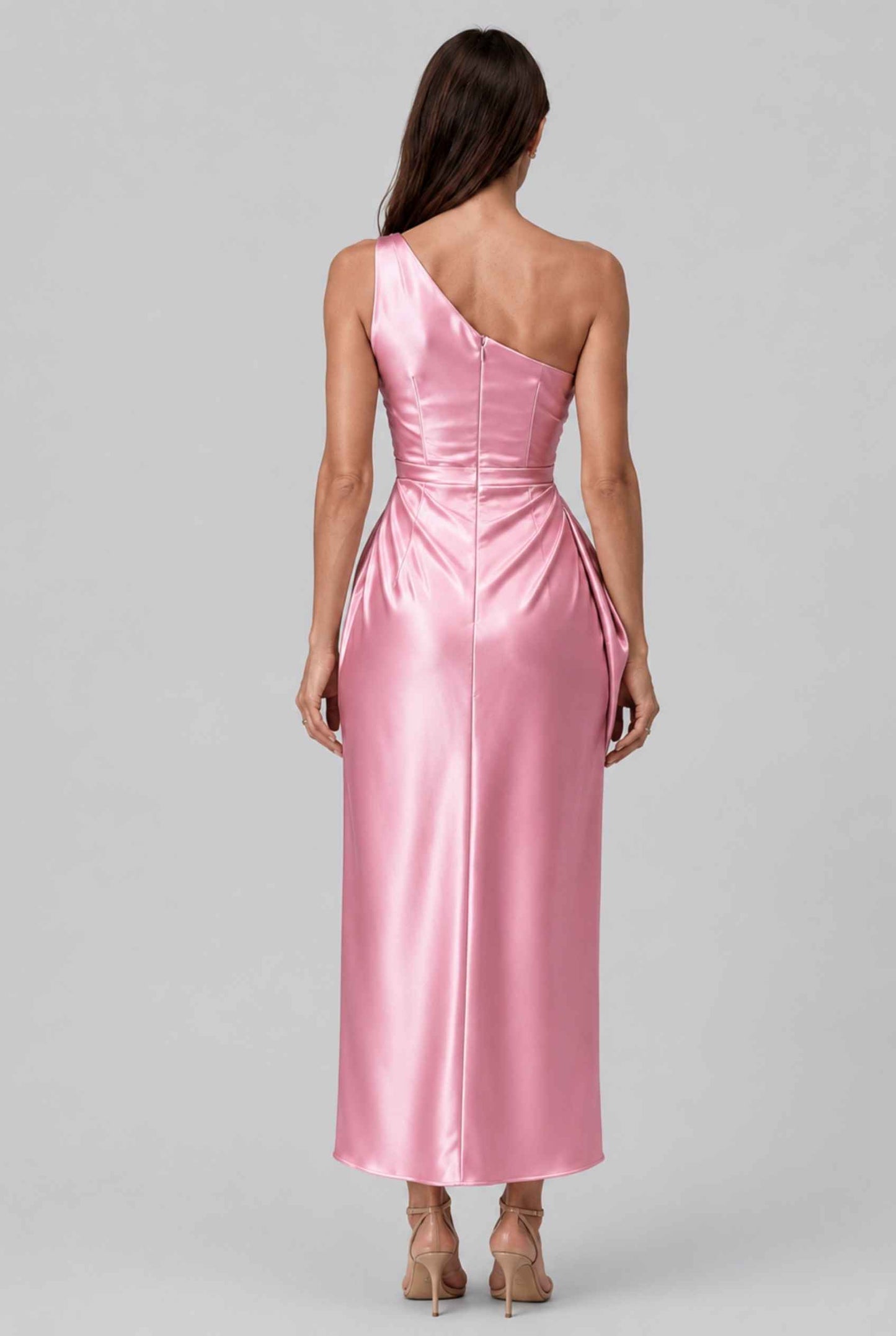 Virtual Model wearing The Cassiopeia Satin Dress Asymmetric One-Shoulder Ruched Pink Satin Gown
