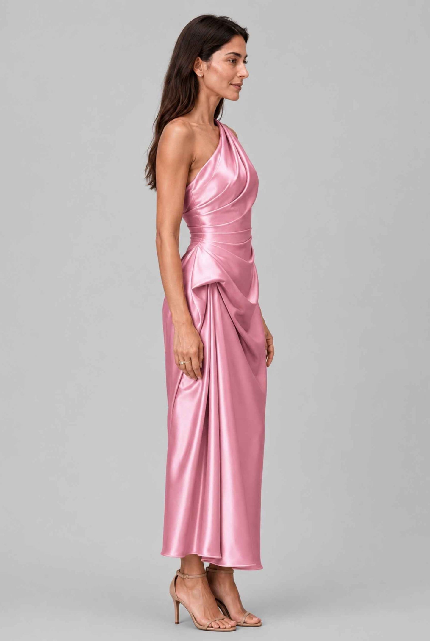 Virtual Model wearing The Cassiopeia Satin Dress Asymmetric One-Shoulder Ruched Pink Satin Gown