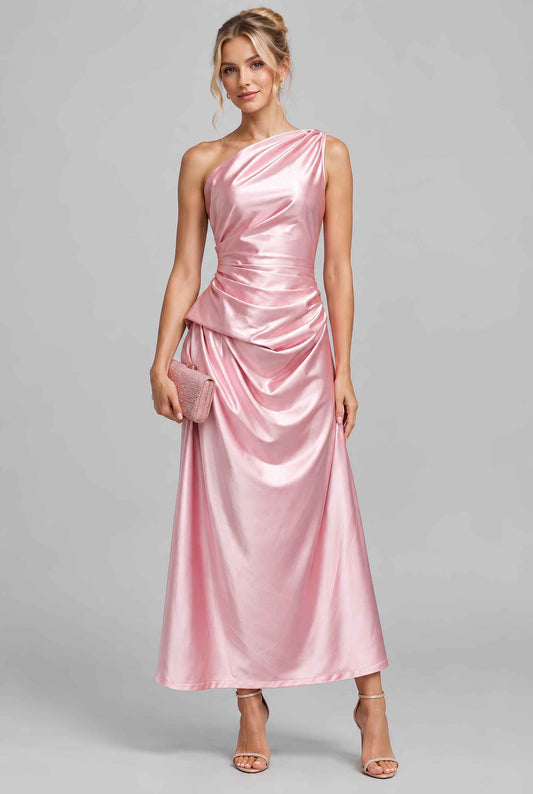Virtual model wearing The Cassiopeia Satin Dress Asymmetric One-Shoulder Ruched Satin Gown in Pink