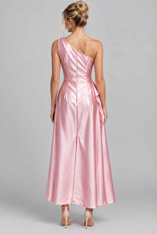 Virtual model wearing The Cassiopeia Satin Dress Asymmetric One-Shoulder Ruched Satin Gown in Pink
