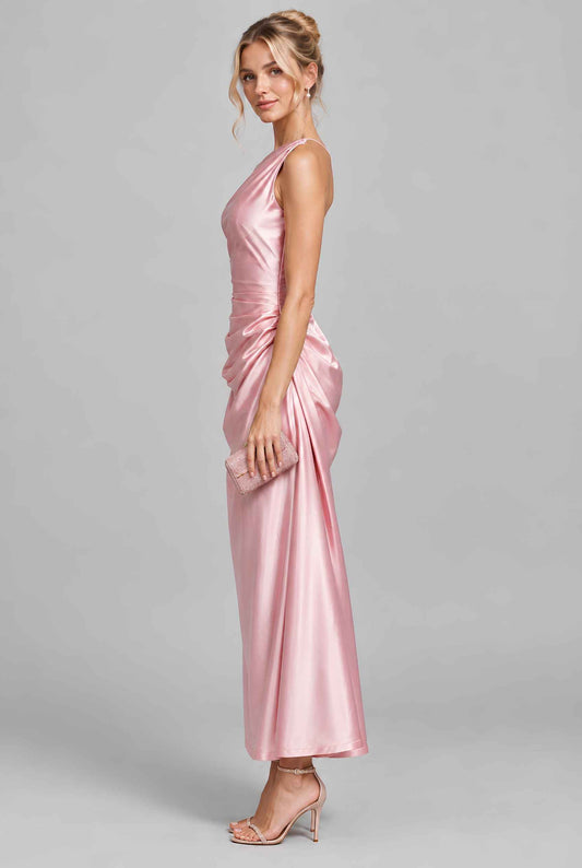 Virtual model wearing The Cassiopeia Satin Dress Asymmetric One-Shoulder Ruched Satin Gown in Pink