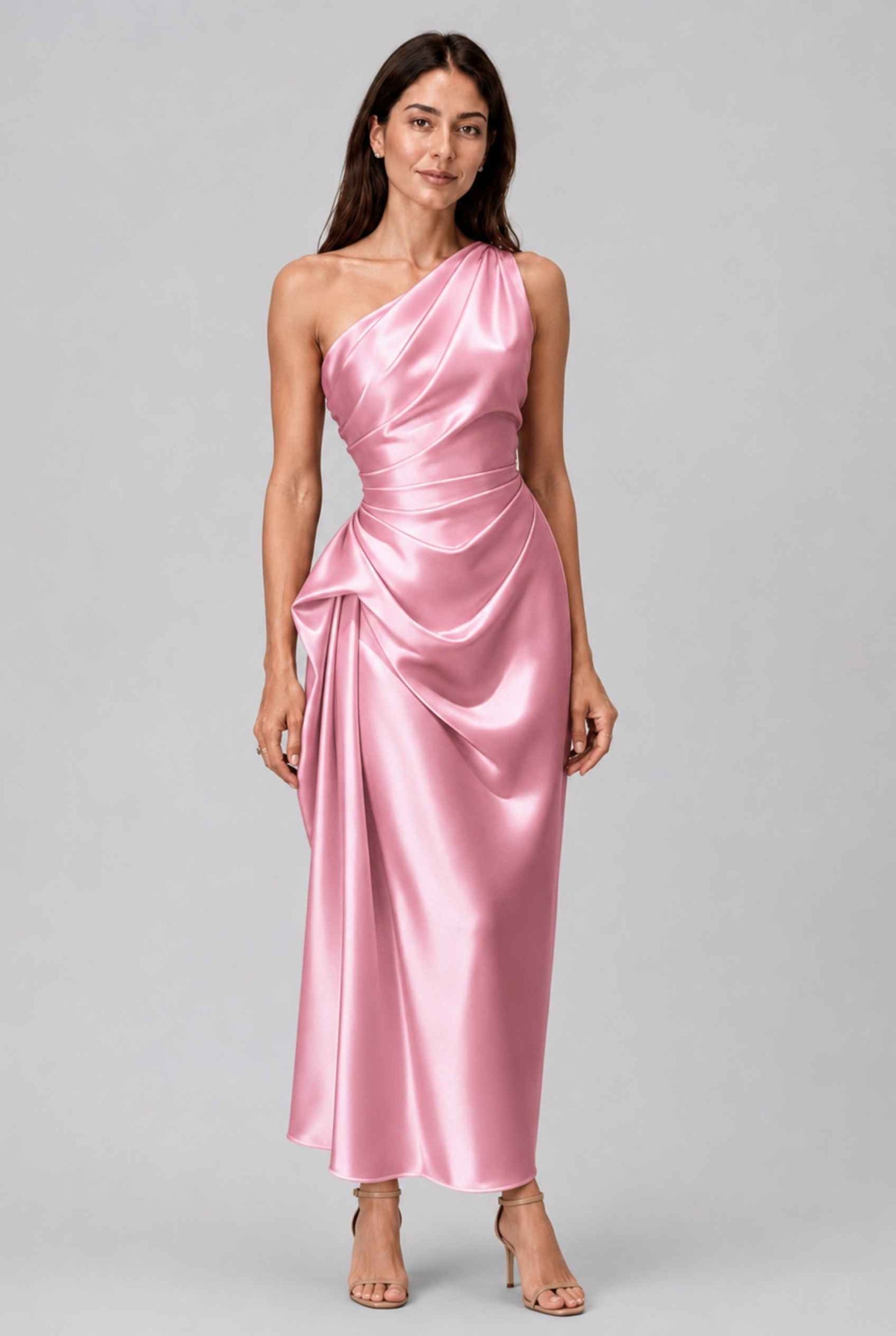 Virtual Model wearing The Cassiopeia Satin Dress Asymmetric One-Shoulder Ruched Pink Satin Gown