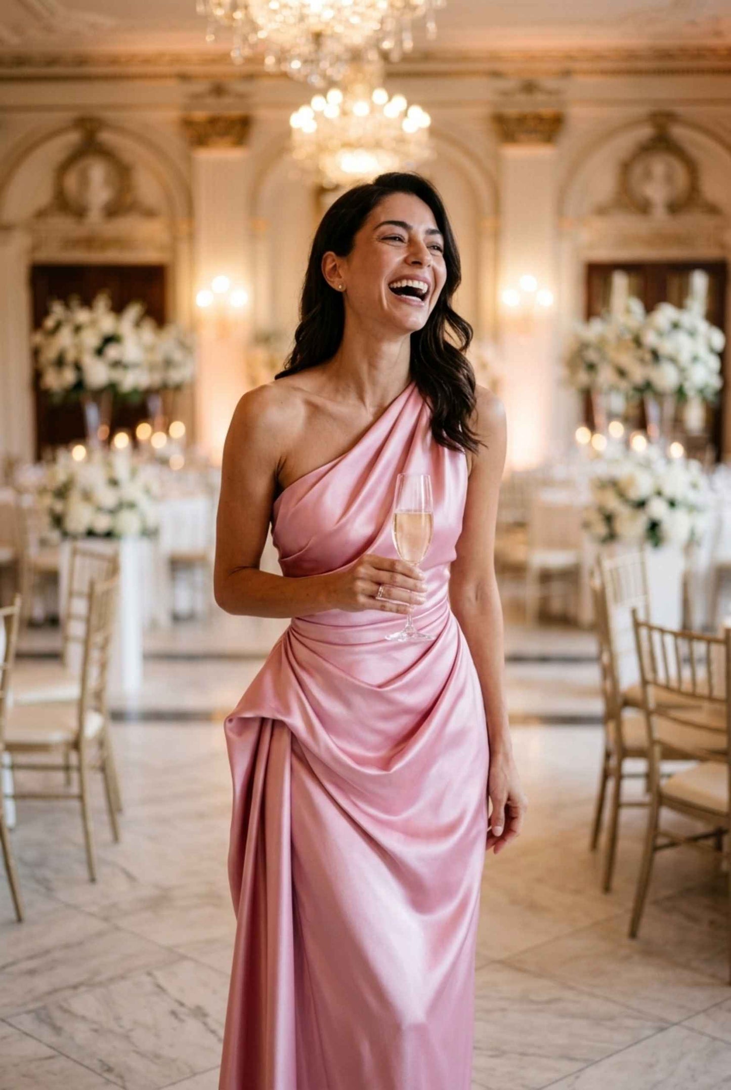 Virtual Model wearing The Cassiopeia Satin Dress Asymmetric One-Shoulder Ruched Pink Satin Gown