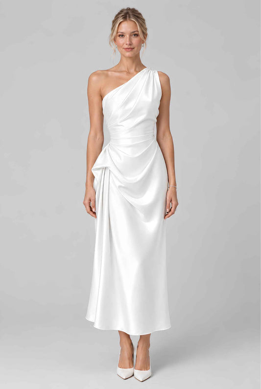 Virtual model wearing The Cassiopeia Satin Dress Asymmetric One-Shoulder Ruched Satin Gown in White