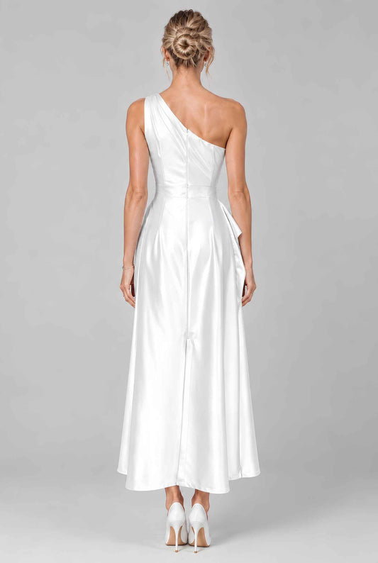 Virtual model wearing The Cassiopeia Satin Dress Asymmetric One-Shoulder Ruched Satin Gown in White