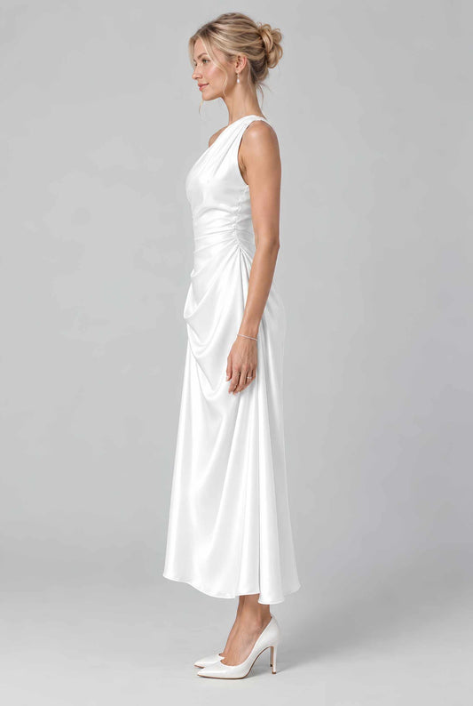 Virtual model wearing The Cassiopeia Satin Dress Asymmetric One-Shoulder Ruched Satin Gown in White
