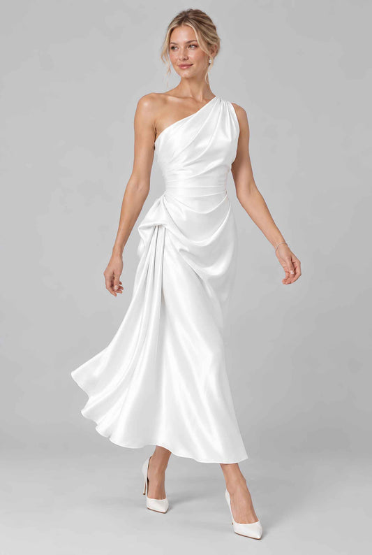 Virtual model wearing The Cassiopeia Satin Dress Asymmetric One-Shoulder Ruched Satin Gown in White