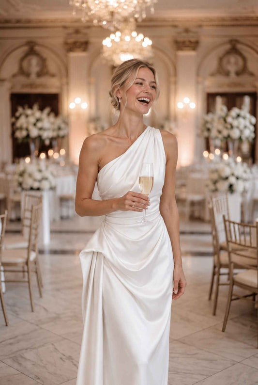 Virtual model wearing The Cassiopeia Satin Dress Asymmetric One-Shoulder Ruched Satin Gown in White