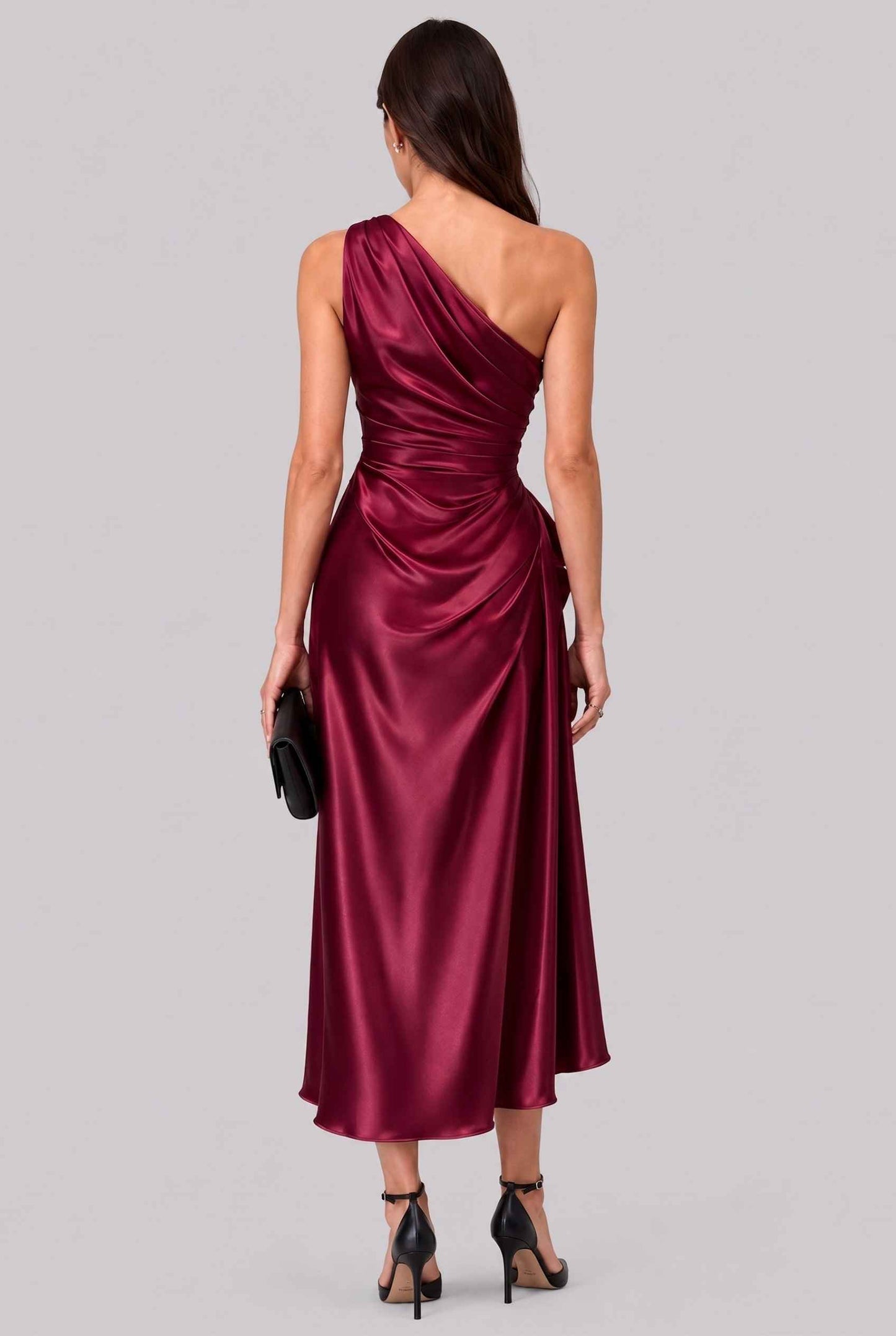 Virtual Model wearing The Cassiopeia Satin Dress Asymmetric One-Shoulder Ruched Wine Satin Gown