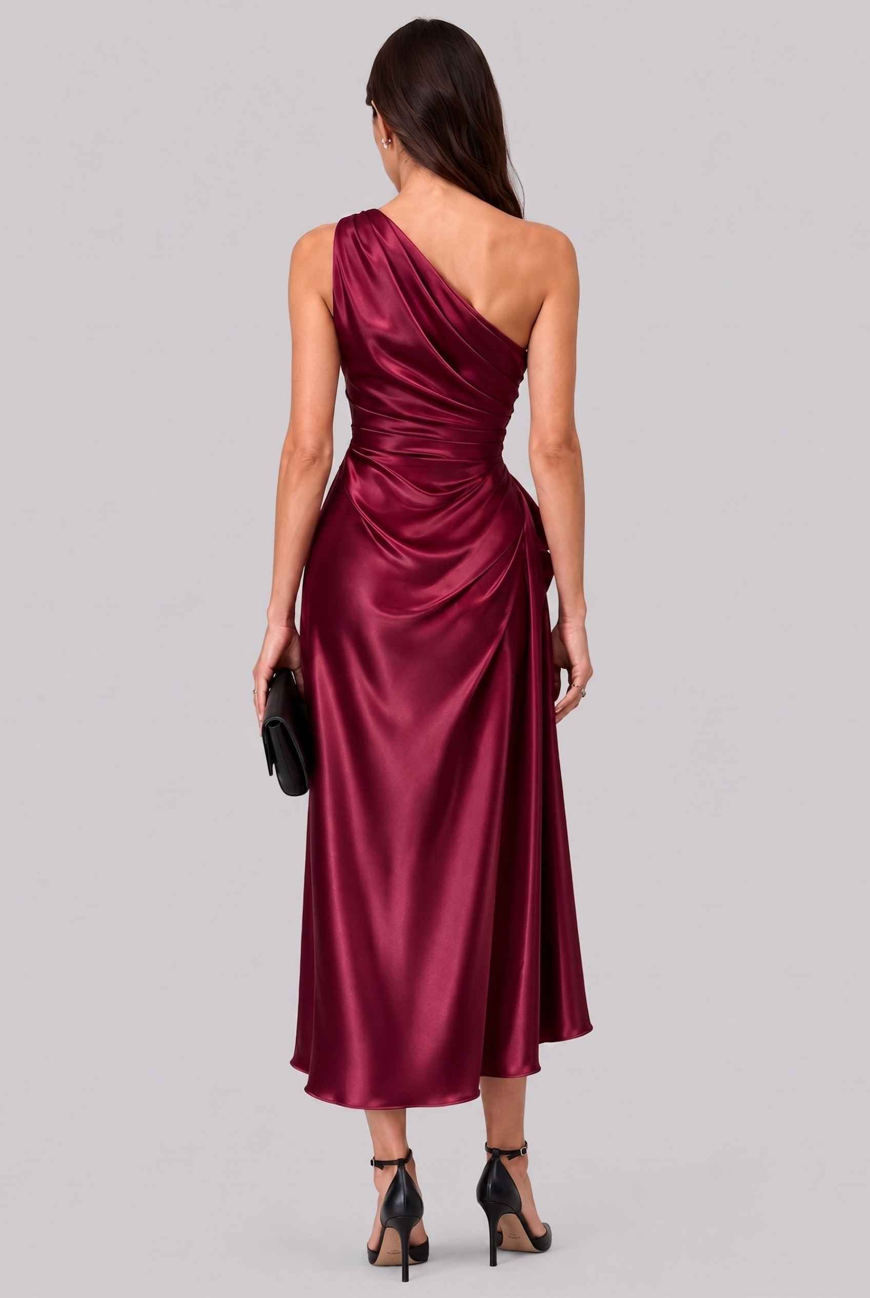 Virtual Model wearing The Cassiopeia Satin Dress Asymmetric One-Shoulder Ruched Wine Satin Gown