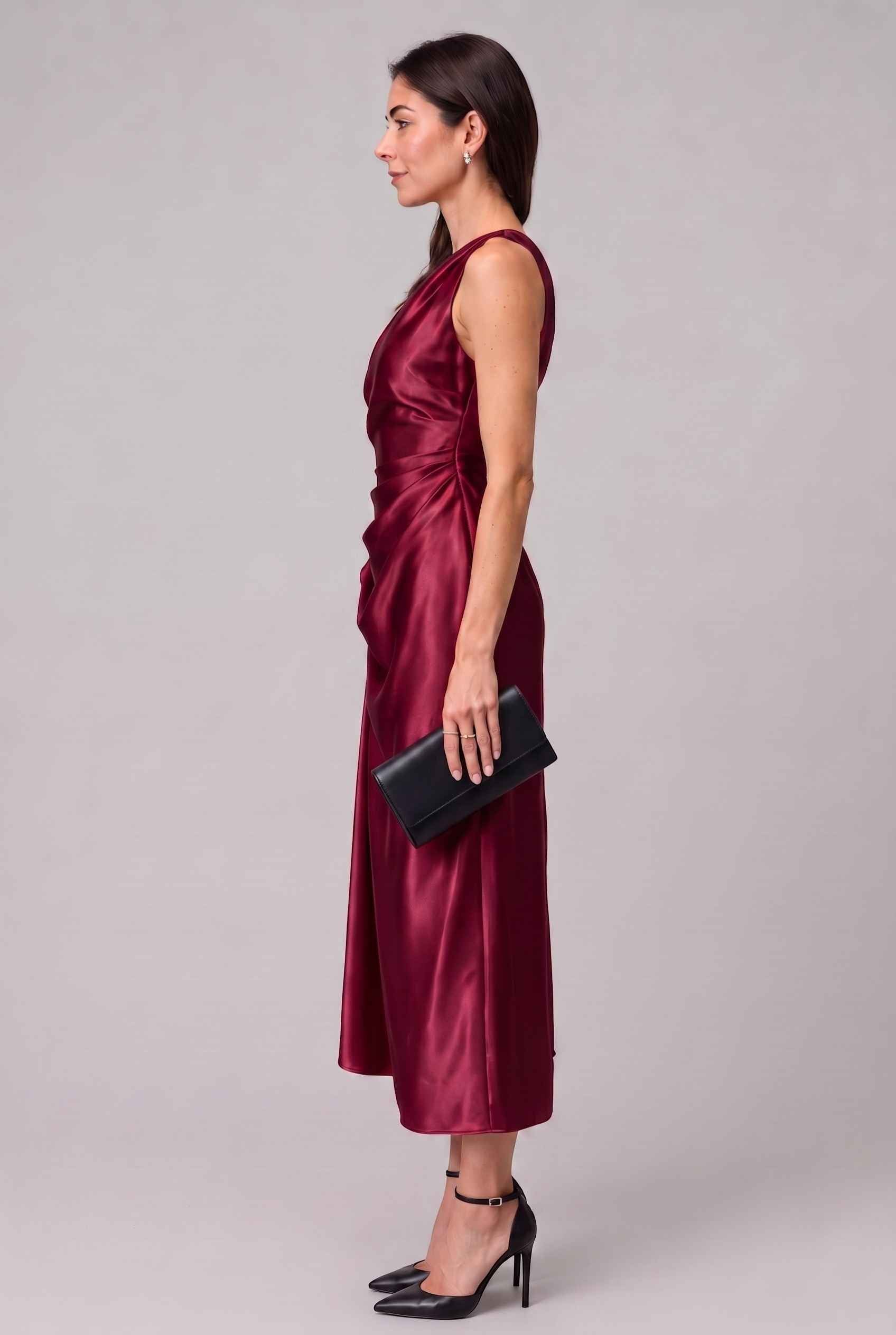 Virtual Model wearing The Cassiopeia Satin Dress Asymmetric One-Shoulder Ruched Wine Satin Gown