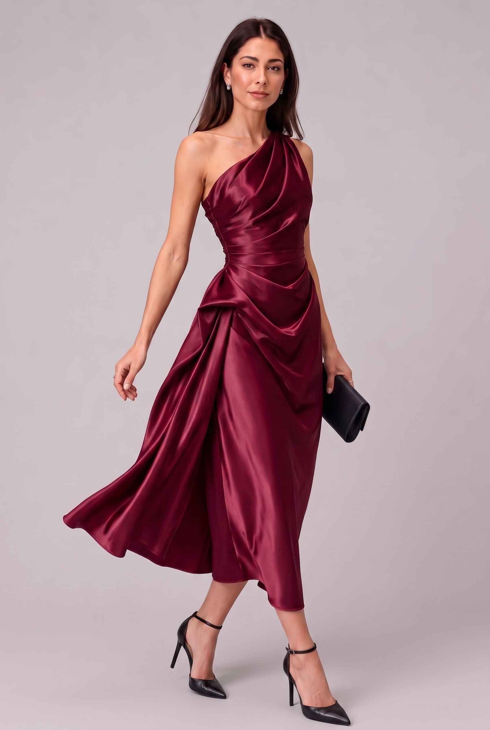 Virtual Model wearing The Cassiopeia Satin Dress Asymmetric One-Shoulder Ruched Wine Satin Gown