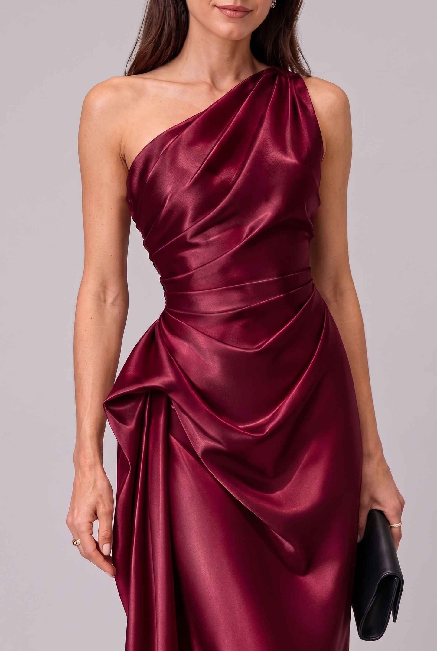 Virtual Model wearing The Cassiopeia Satin Dress Asymmetric One-Shoulder Ruched Wine Satin Gown