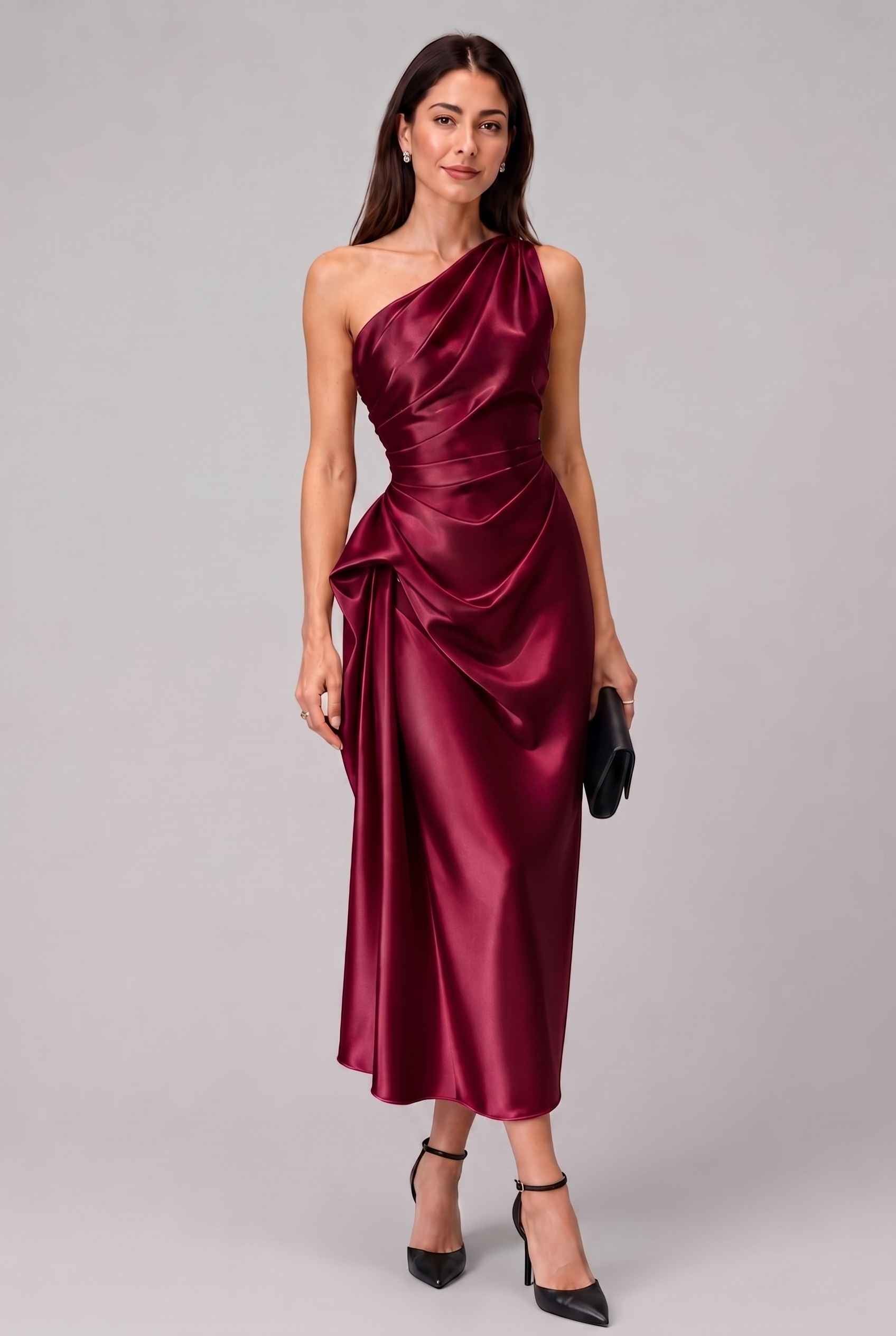 Virtual Model wearing The Cassiopeia Satin Dress Asymmetric One-Shoulder Ruched Wine Satin Gown