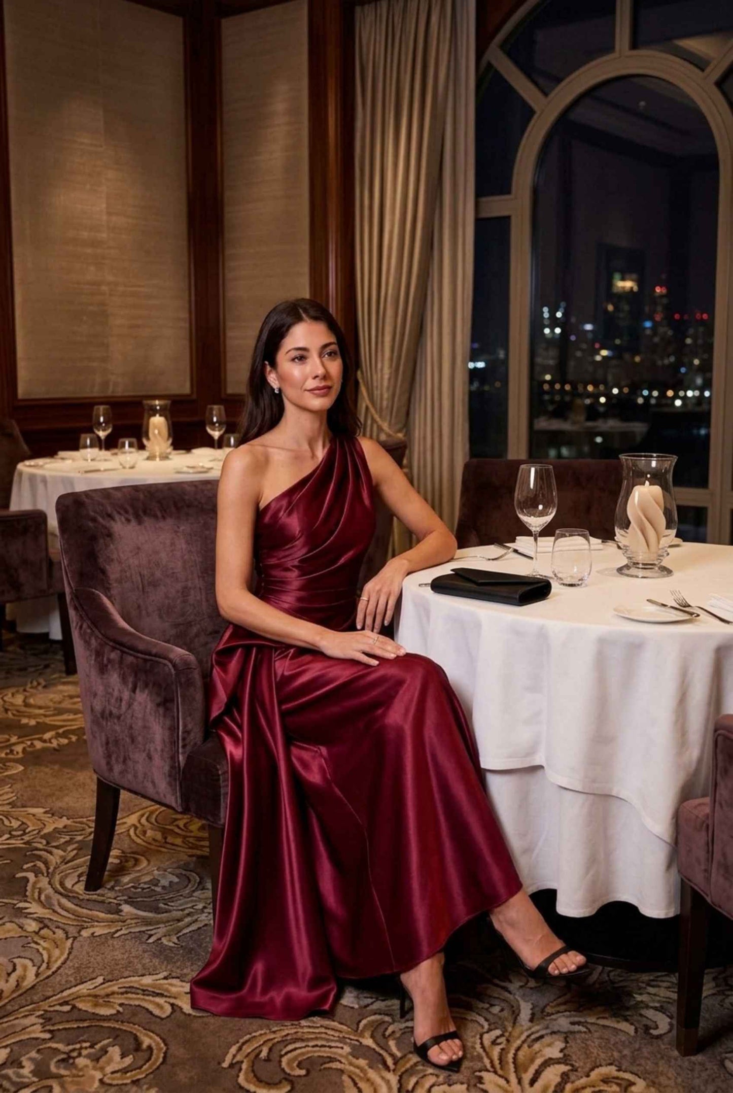 Virtual Model wearing The Cassiopeia Satin Dress Asymmetric One-Shoulder Ruched Wine Satin Gown